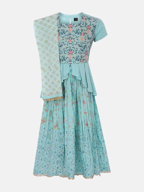 Turquoise Printed and Embroidered Linen Ghagra Choli