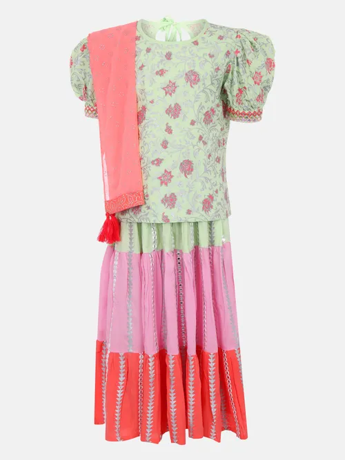 Green Printed and Embroidered Linen Ghagra Choli