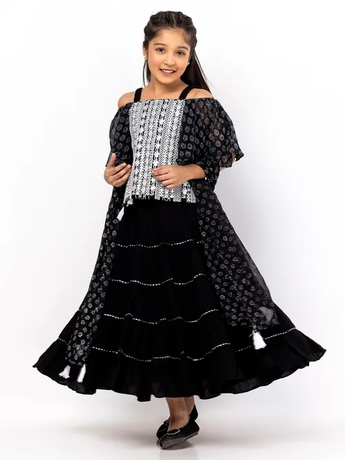 Black Printed and Embroidered Linen Ghagra Choli