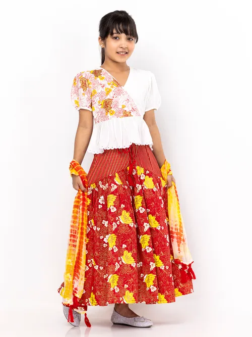 White Printed and Embroidered Linen Ghagra Choli