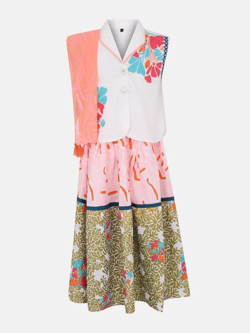 White Printed and Embroidered Linen Ghagra Choli