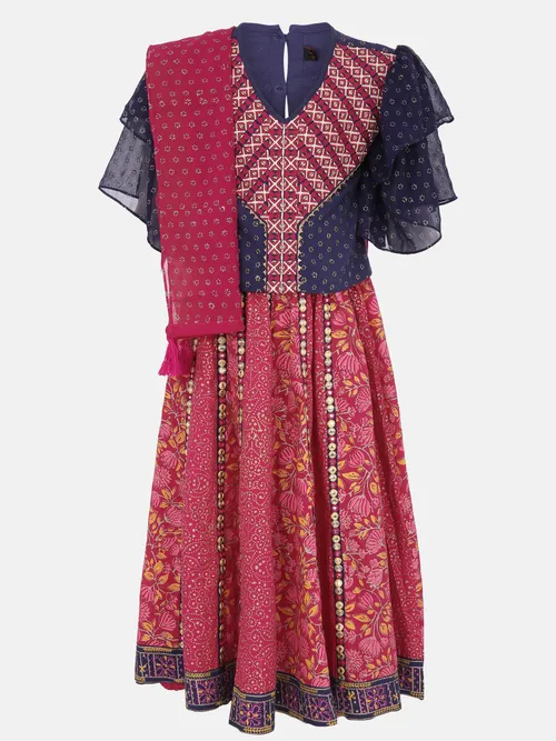 Blue Printed and Embroidered Linen Ghagra Choli