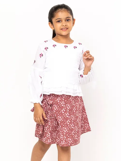 White Printed and Embroidered Cotton Skirt Top Set
