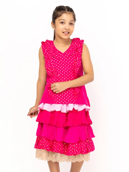 Fuchsia Printed Linen Skirt Top Set