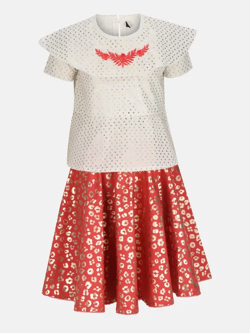 Ivory Printed and Embroidered Cotton Skirt Top Set