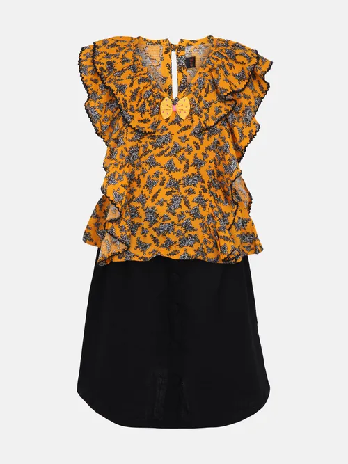 Orange Printed Mixed Cotton Skirt Top Set