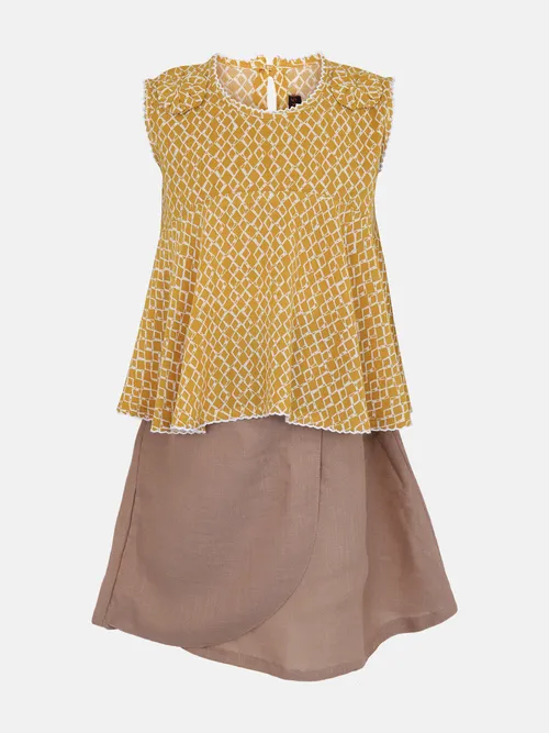 Yellow Printed Mixed Cotton Skirt Top Set
