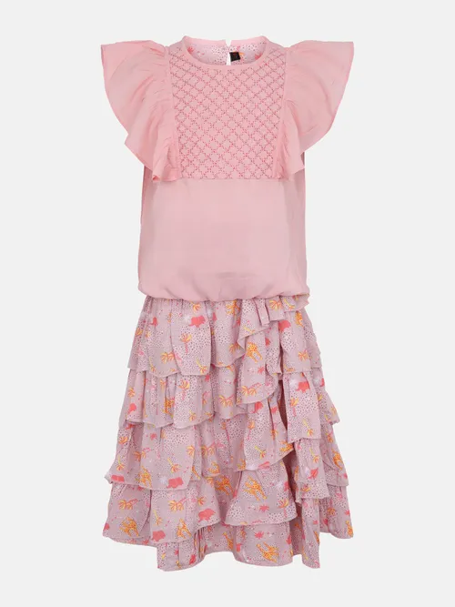 Pink Printed and Embroidered Cotton Skirt Top Set