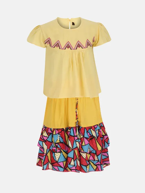 Yellow Printed and Embroidered Linen Skirt Top Set