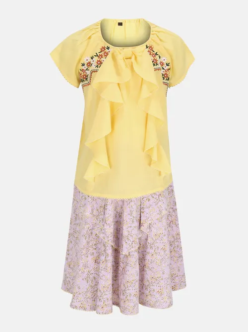 Yellow Embroidered Linen Skirt Top Set