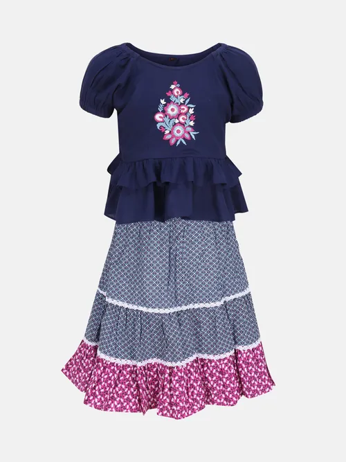 Navy Blue Embroidered Linen Skirt Top Set