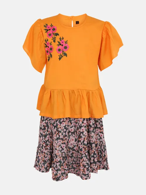 Yellow Printed and Embroidered Linen Skirt Top Set