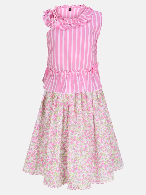 Pink Striped Printed Cotton Skirt Top Set
