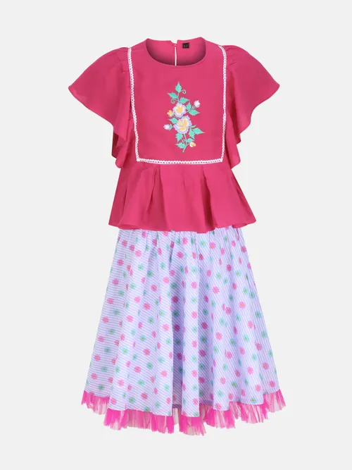 Fuchsia Printed and Embroidered Linen Skirt Top Set