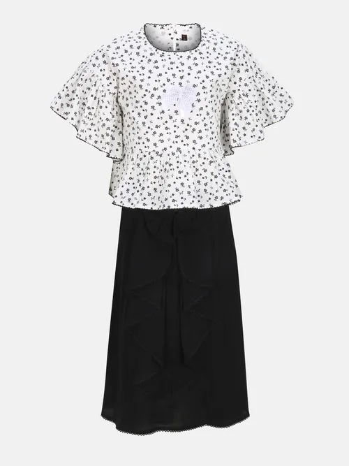 White Printed Cotton Skirt Top Set