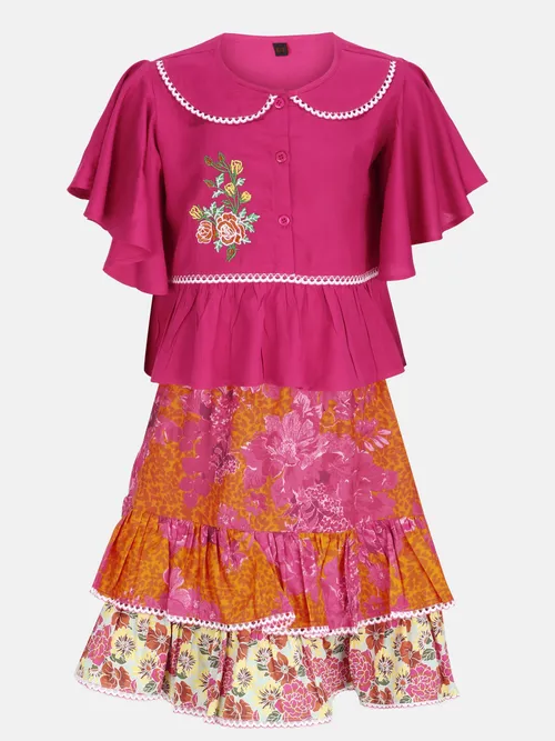 Fuchsia Printed and Embroidered Linen-Cotton Skirt Top Set