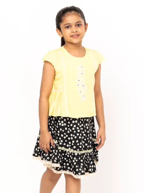 Yellow Printed and Embroidered Cotton Linen Top Set