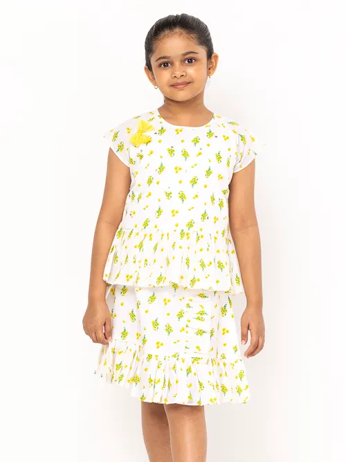 White Printed and Embroidered Cotton Skirt Top Set