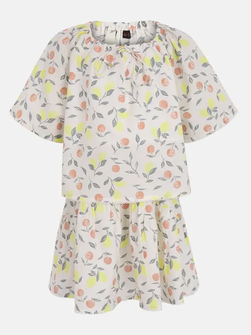 Off White Printed Cotton Skirt Top Set
