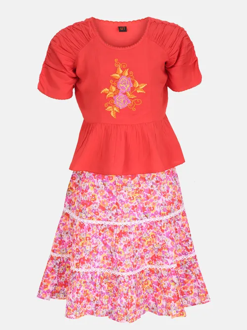 Red Printed and Embroidered Linen-Cotton Skirt Top Set