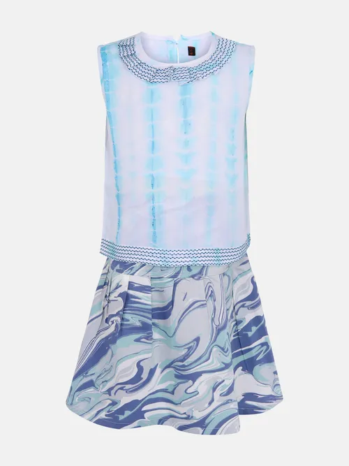 White Tie-Dyed and Embroidered Linen Skirt Top Set