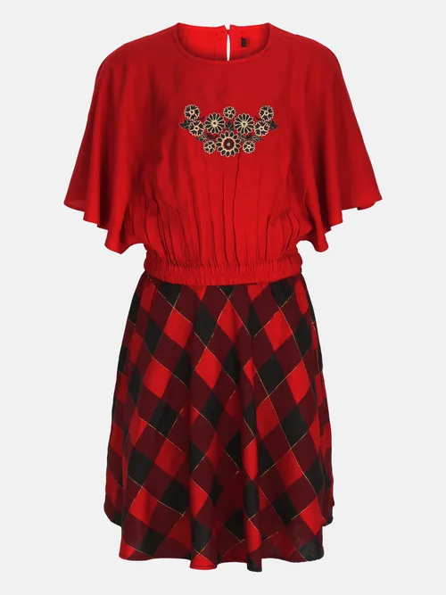 Maroon Printed and Embroidered Linen-Cotton Skirt Top Set