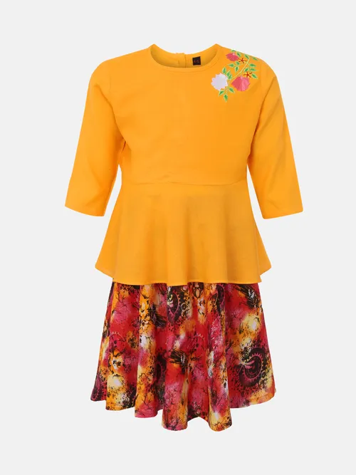 Light Orange Printed and Embroidered Linen Skirt Top