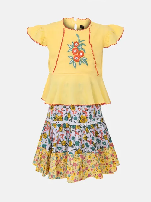 Yellow Printed and Embroidered Linen-Cotton Skirt Top