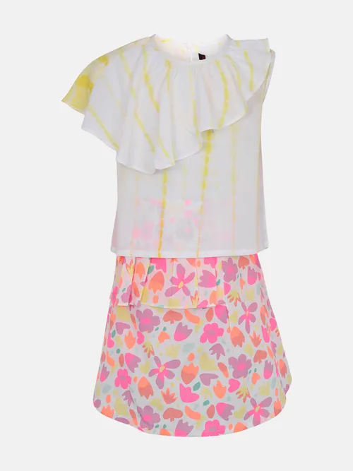 White Tie-Dyed and Embroidered Linen Skirt Top Set