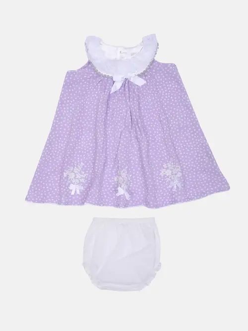 Light Purple Printed and Embroidered Linen Frock Set