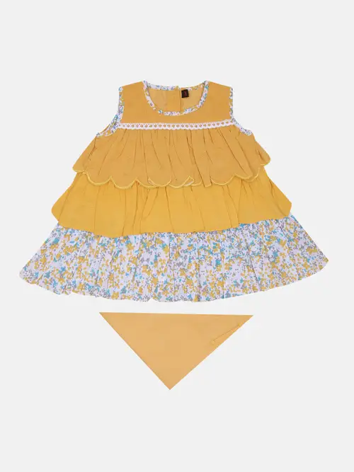 Mustard Printed and Embroidered Cotton Frock Set