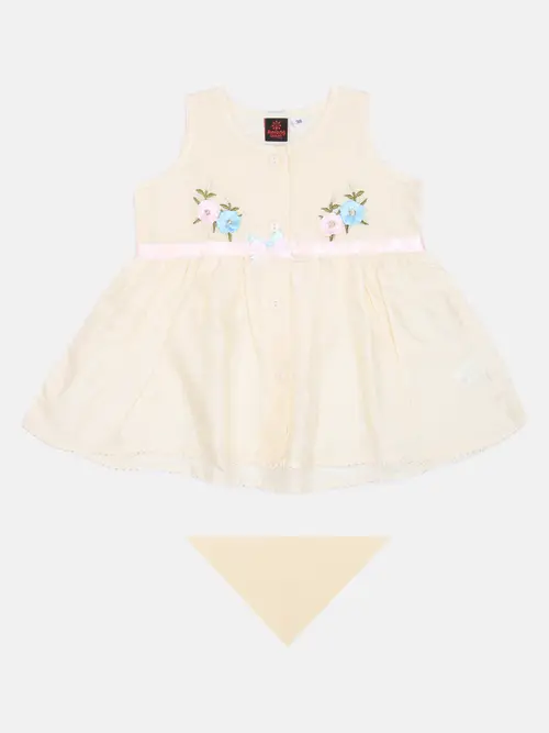 Pastel Yellow Embroidered Cotton Frock Set