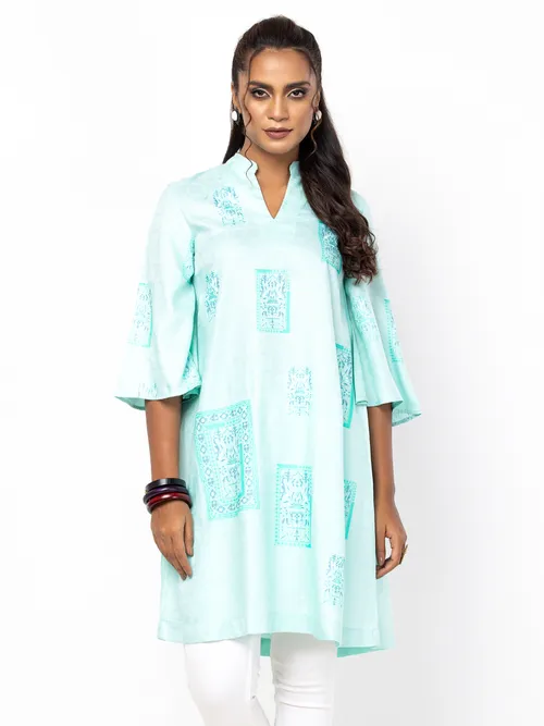 Mint Blue Printed Viscose Taaga Top