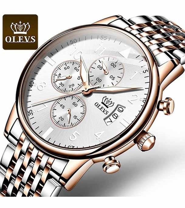 Men's OLEVS 2869 Stainless Steel Luxury Sports Chronograph High Quality Quartz Watch White