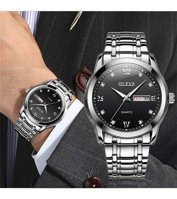 Men's OLEVS 6898 Stainless Steel Quartz Luminous Waterproof Watch Silver Black