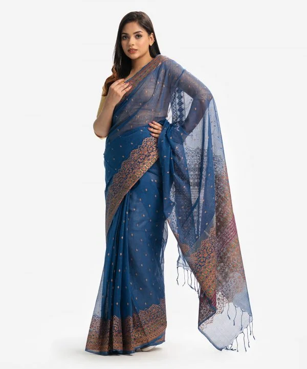 Blue Cotton Printed Saree