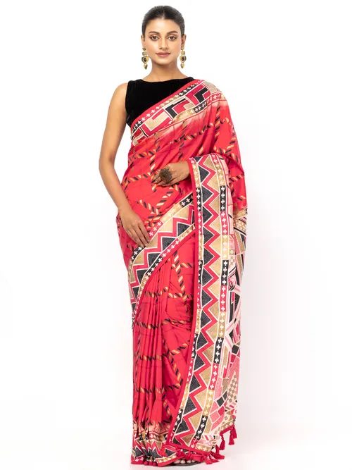 Crimson Red Printed and Embroidered Silk Saree