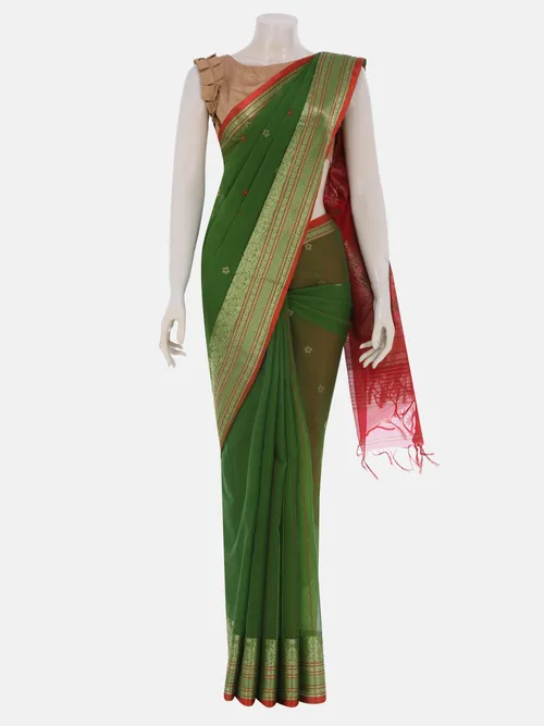Green Tangail Half Silk Baluchari Saree