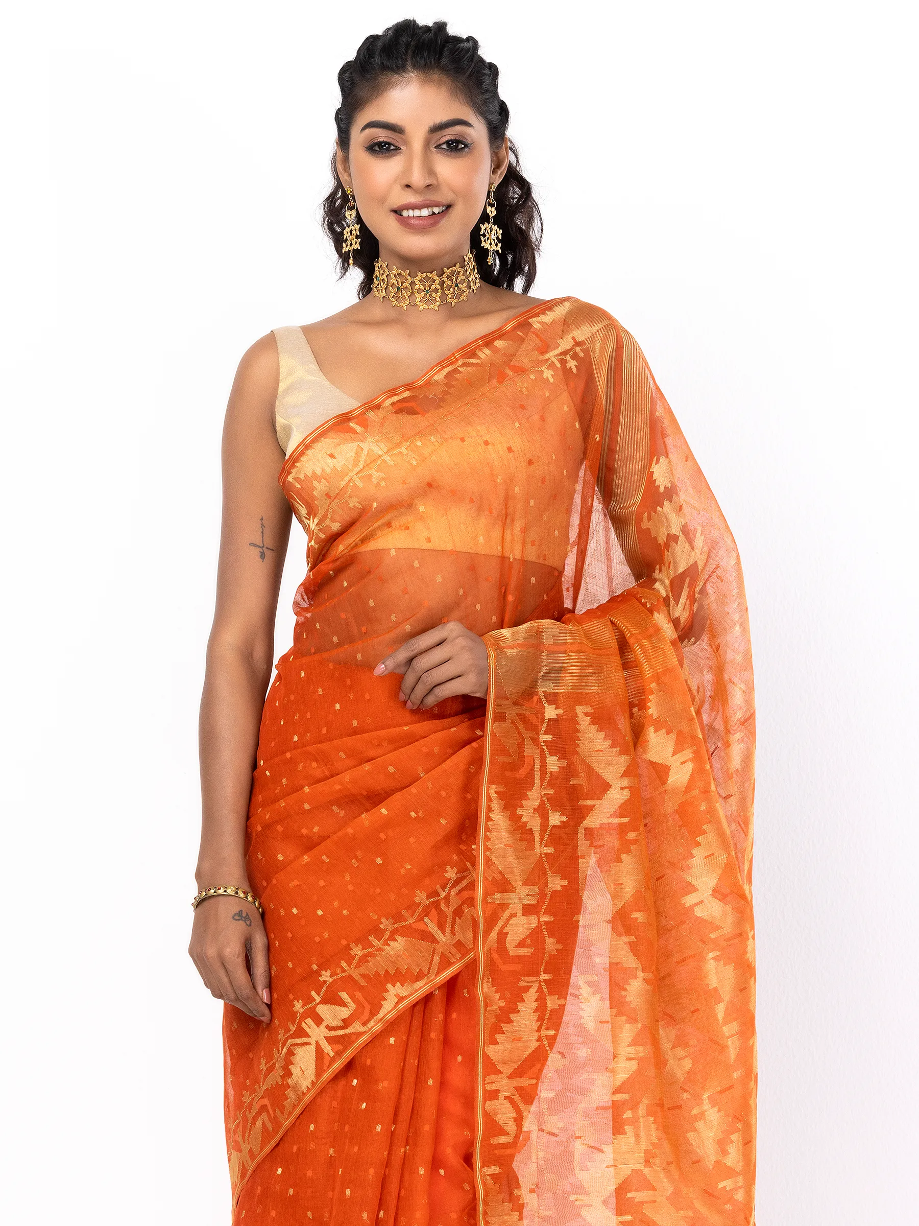 Orange Half Silk Jamdani Saree