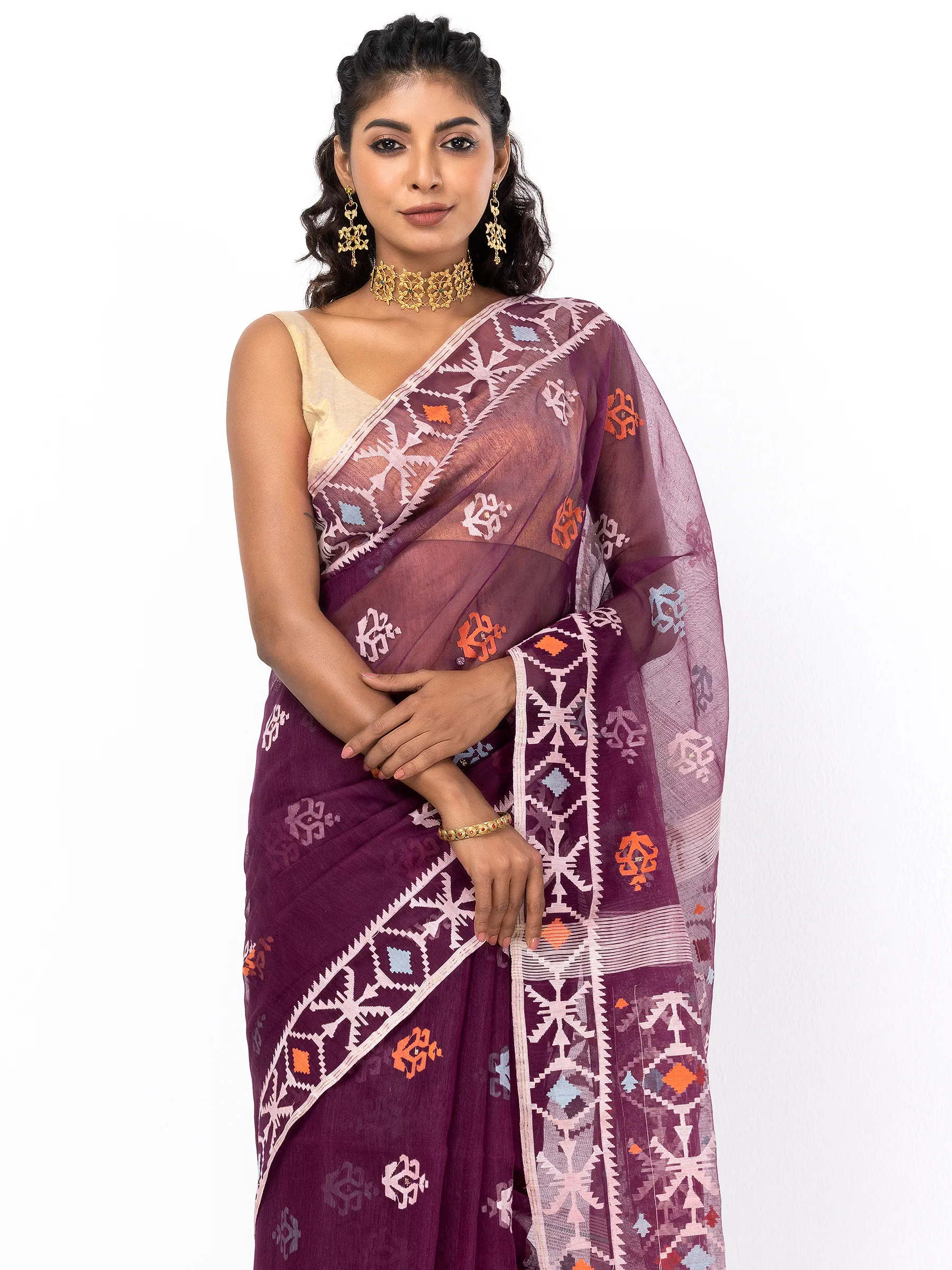 Eggplant Half Silk Jamdani Saree