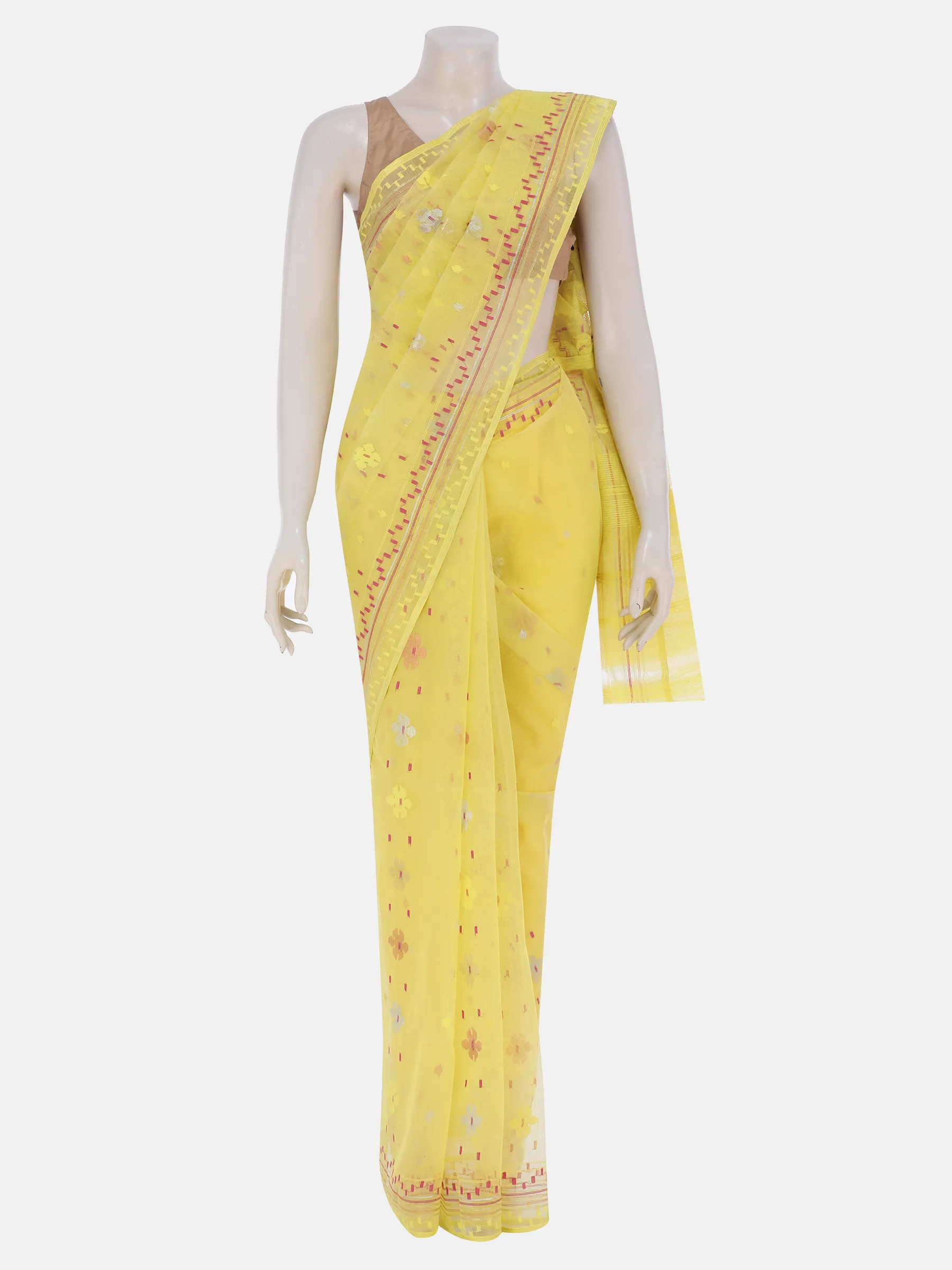 Lemon Yellow Half Silk Jamdani Saree