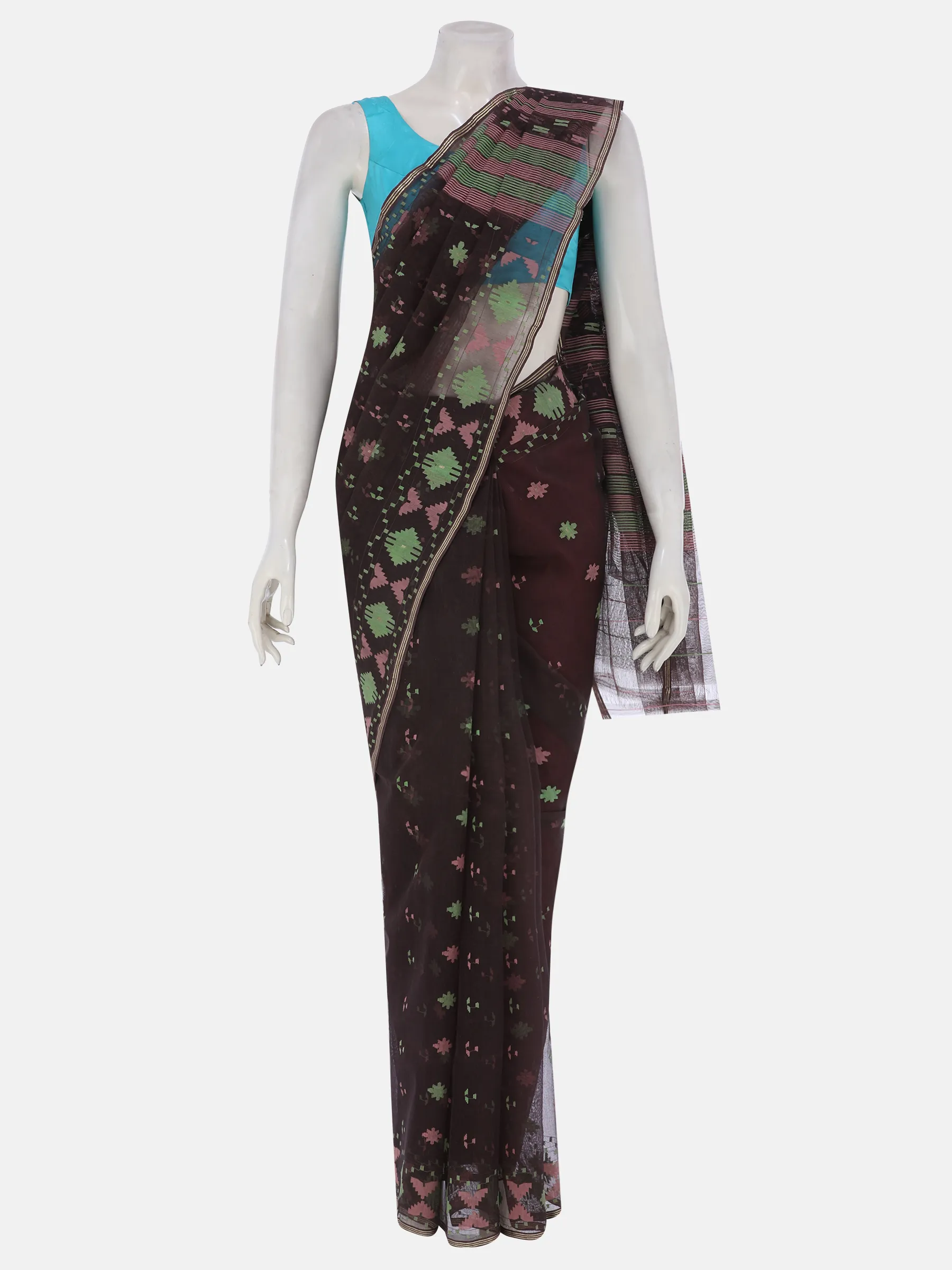 Chocolate Half Silk Jamdani Saree