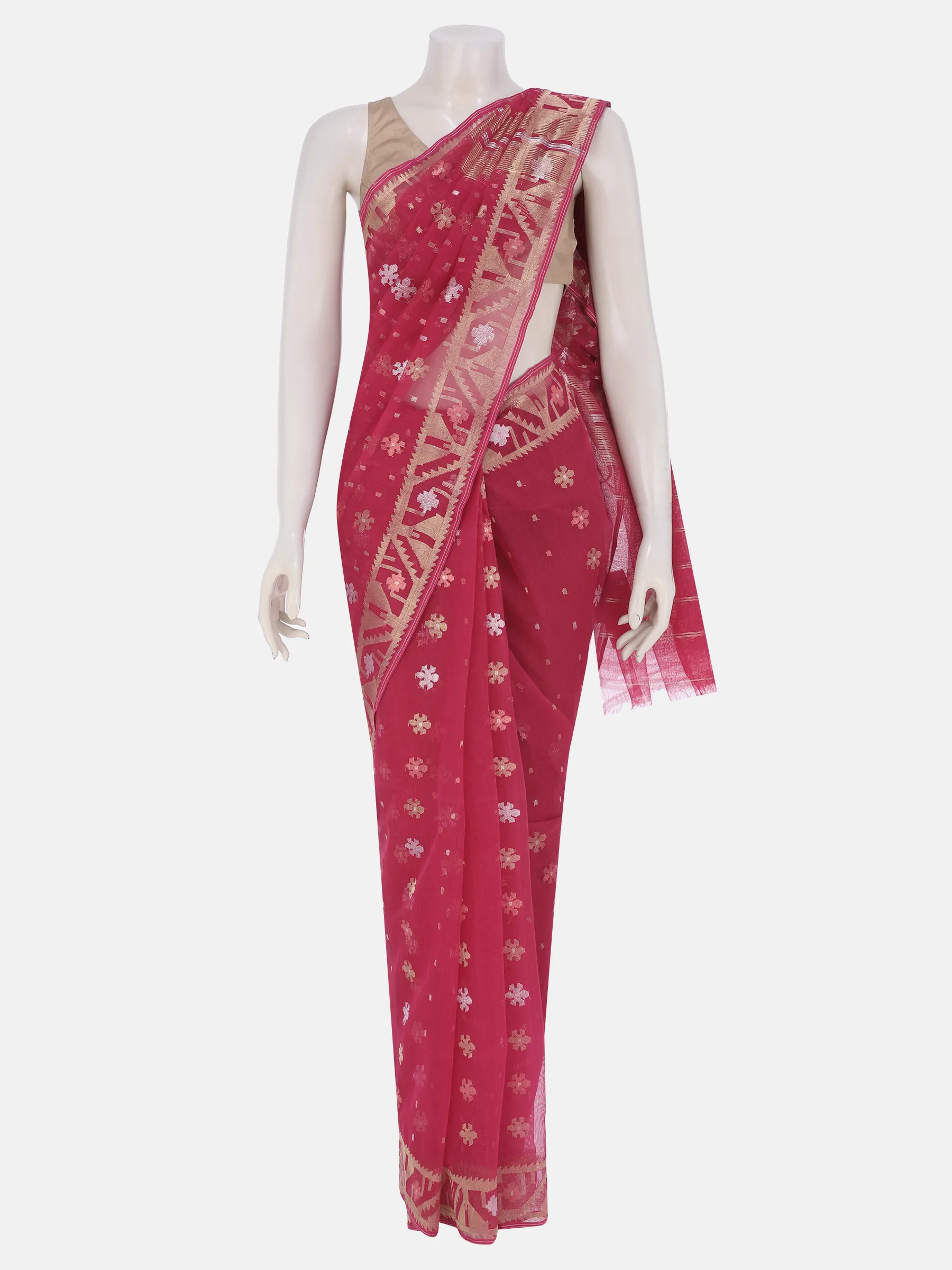 Fuchsia Half Silk Jamdani Saree