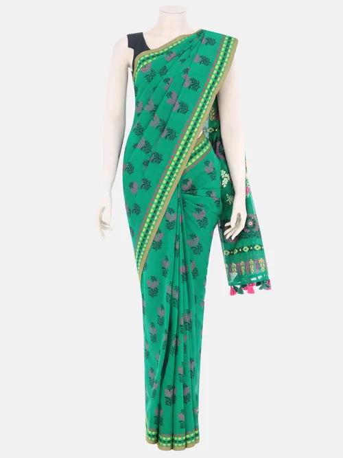 Green Printed Cotton Saree