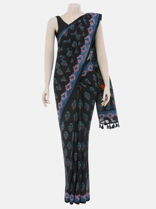 Black Printed and Embroidered Cotton Saree