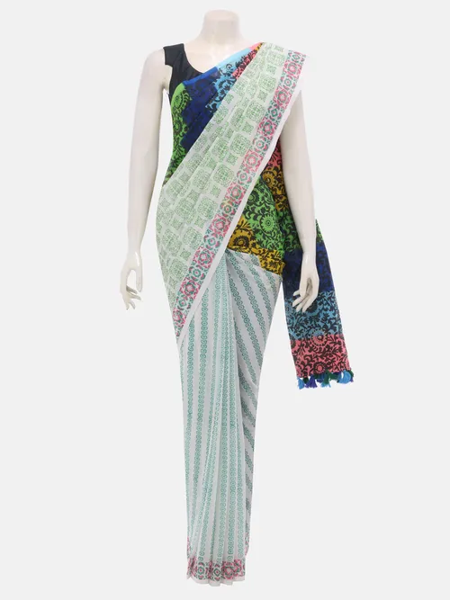 White Printed and Brush Painted Cotton Saree