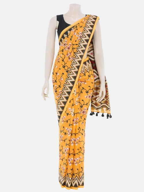 Yellow Printed and Embroidered Cotton Saree