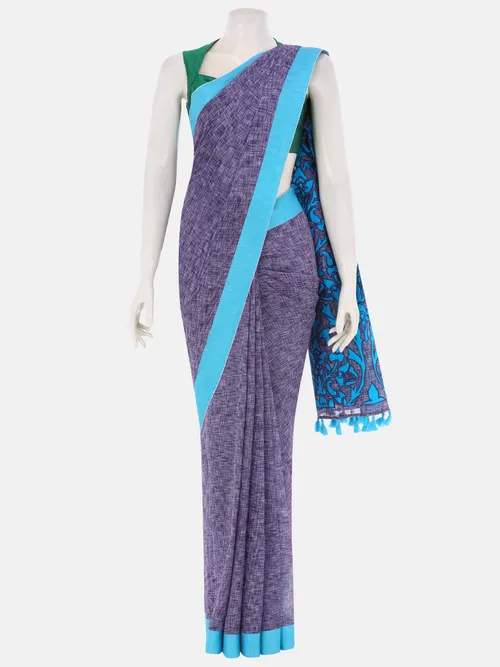Blue Printed and Appliqued Cotton Saree