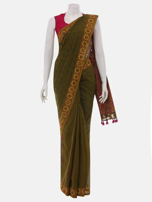 Olive Printed Cotton Saree