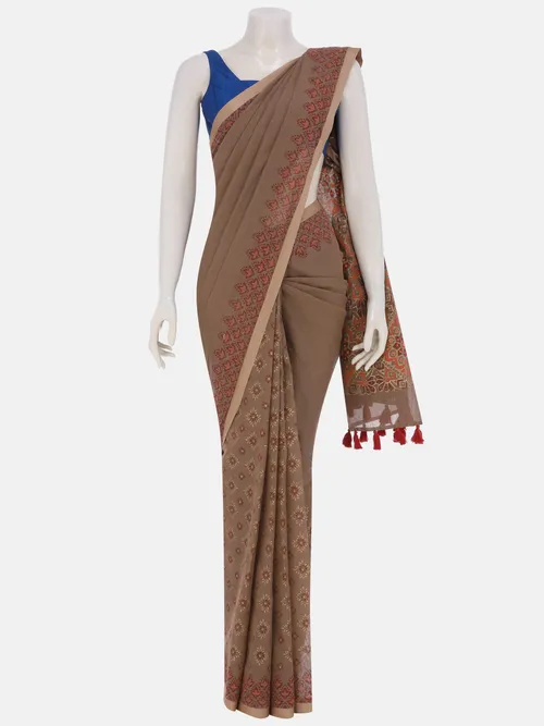 Coffee Printed and Embroidered Cotton Saree